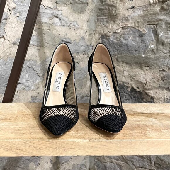 Jimmy Choo Black Patent Romy Mesh 100 Pumps - Picture 3 of 11